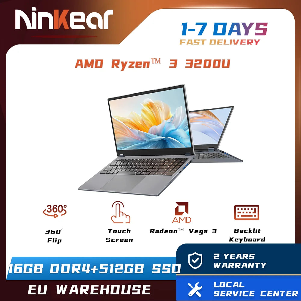 Ninkear YBOOK15 2 in 1 Laptop AMD Ryzen™ 3 3200U 15.6' 360° Flip FHD IPS Touchscreen 16G+512GB SSD Backlit Keyboard Windows 11