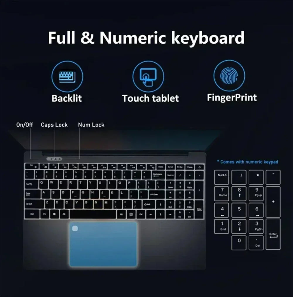 2025 Laptop 15.6 Inch 32GB Ram DDR4 2TB SSD Windows 11/10 Notebook Pc Gamer Intel N5095 Office Computer WIFI Backlit Fingerprint