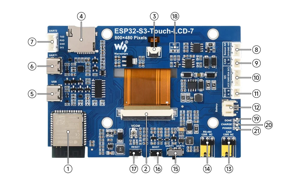 ESP32-S3 7 inch LCD 800×480 ESP32-S3-Touch-LCD-7 inch Capacitive Touch Display Development Board Supports WiFi & Bluetooth