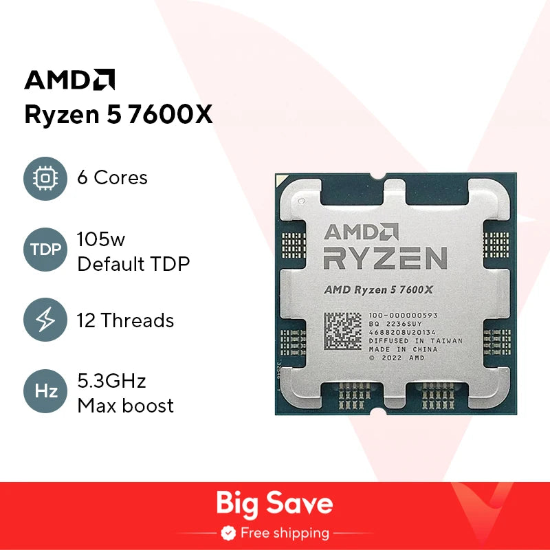 AMD RYZEN 5 7600X Brand New CPU Gaming Processor AMD R5 7600X 6-Core 12-Thread 5nm 38M Socket AM5 Without Fan PC Gamer Cache