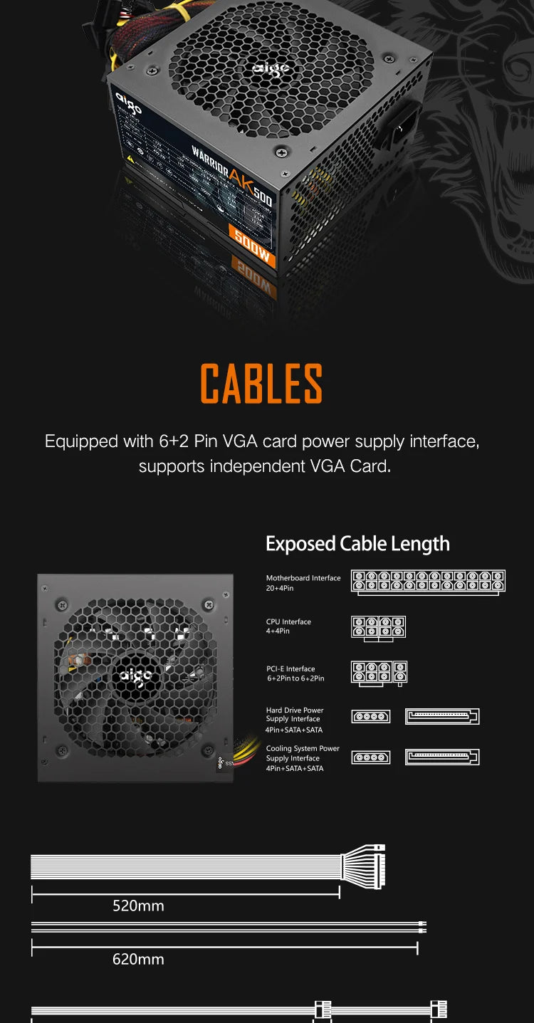 Aigo AK 500W PC PSU Power Supply Unit Black Gaming Quiet 120mm RGB Fan 24pin 12V ATX Desktop Computer Power Supply for BTC