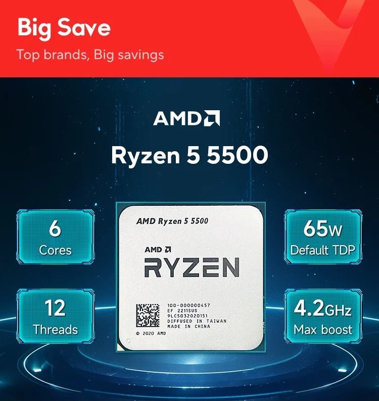 AMD Ryzen 5 5500 R5 5500 3.6 GHz 6-Core 12-Thread CPU Processor 7NM L3=16M 100-000000457 Socket AM4 No Fan