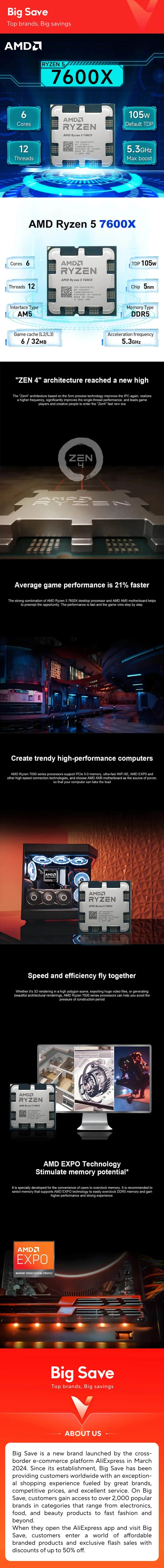 AMD RYZEN 5 7600X Brand New CPU Gaming Processor AMD R5 7600X 6-Core 12-Thread 5nm 38M Socket AM5 Without Fan PC Gamer Cache