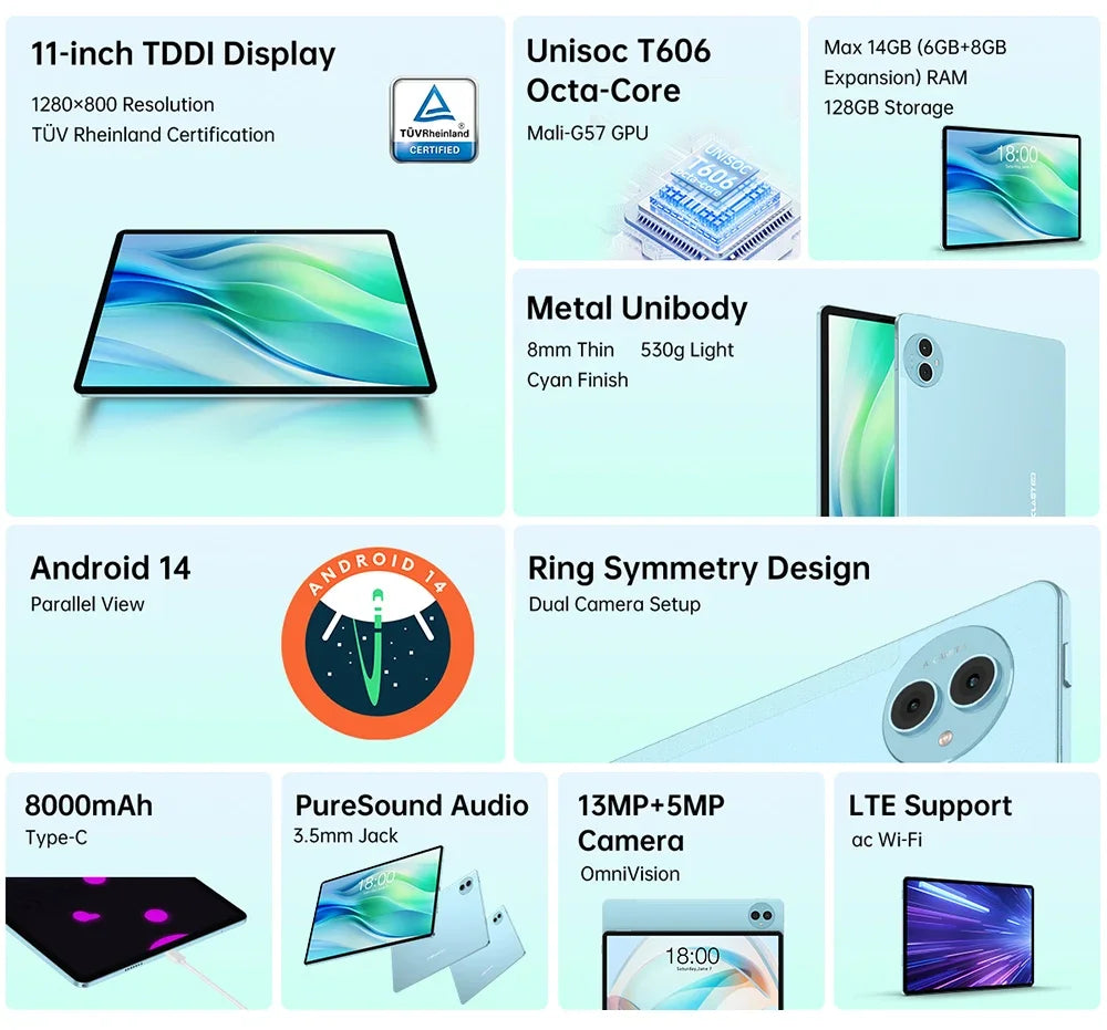 Teclast Android 14 P50 Tablet 11" 90Hz Screen 1280×800ISP T606 6GB LPDDR4 128GB ROM WIFI Bluetooth 5.0 Type-C 8000mAh Battery