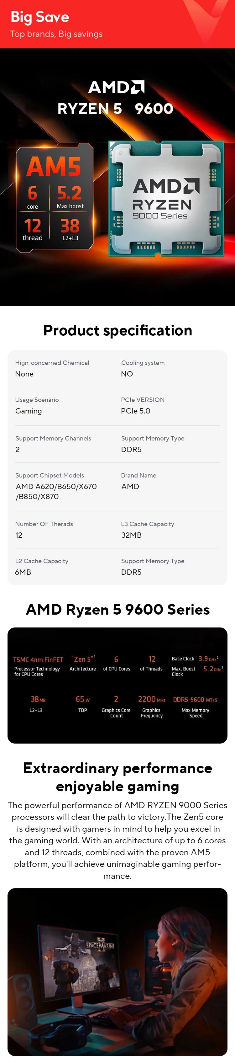 AMD Ryzen 5 9600 Brand New CPU 5.2GHz 6-Core 12-Thread 38MB Cache 4NM TDP 65W Socket AM5 Gameing Processor Without Package