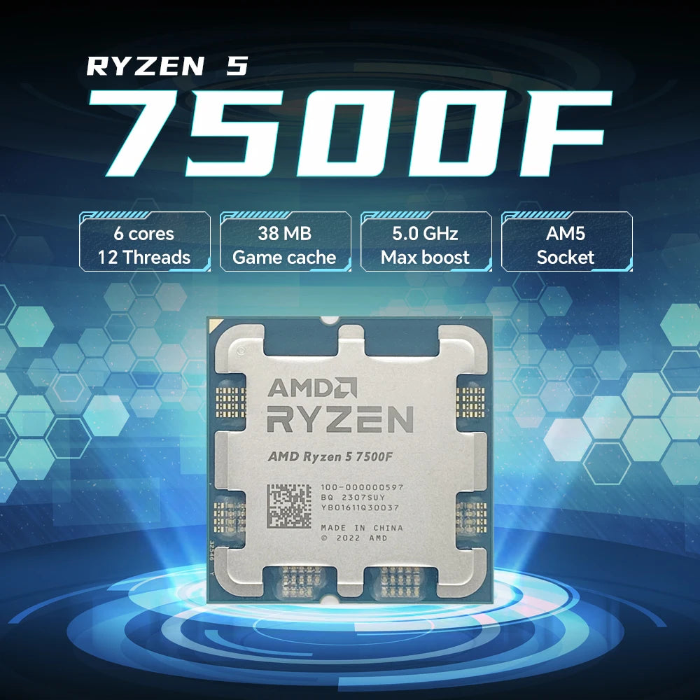 AMD Ryzen 5 7500F 6-Core 12-Thread 3.7GHz DDR5 B650 Processor L3=32M Socket AM5 5NM 65W R5 7500F New but without cooler