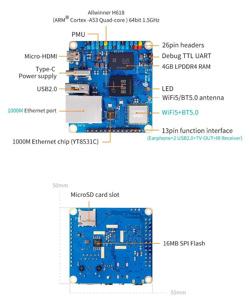Orange Pi Zero 3 4G+Extension Board+5V3A Type-C Power Supply Mini PC DDR4 H618 WiFi5+BT5.0 Orange Pi Zero3 Single Board Computer
