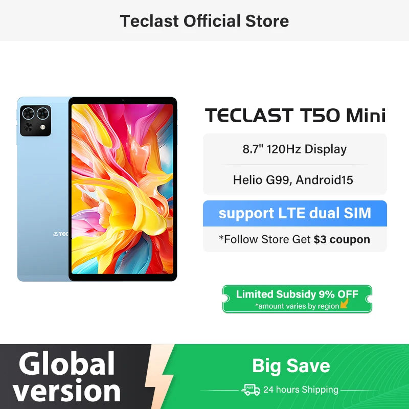 Teclast T50 Mini Tablet 8.7" 120Hz Display MTK Helio G99 20GB RAM (8+12 Virtual) 128GB ROM Android15 Tablets Support 4G Dual SIM