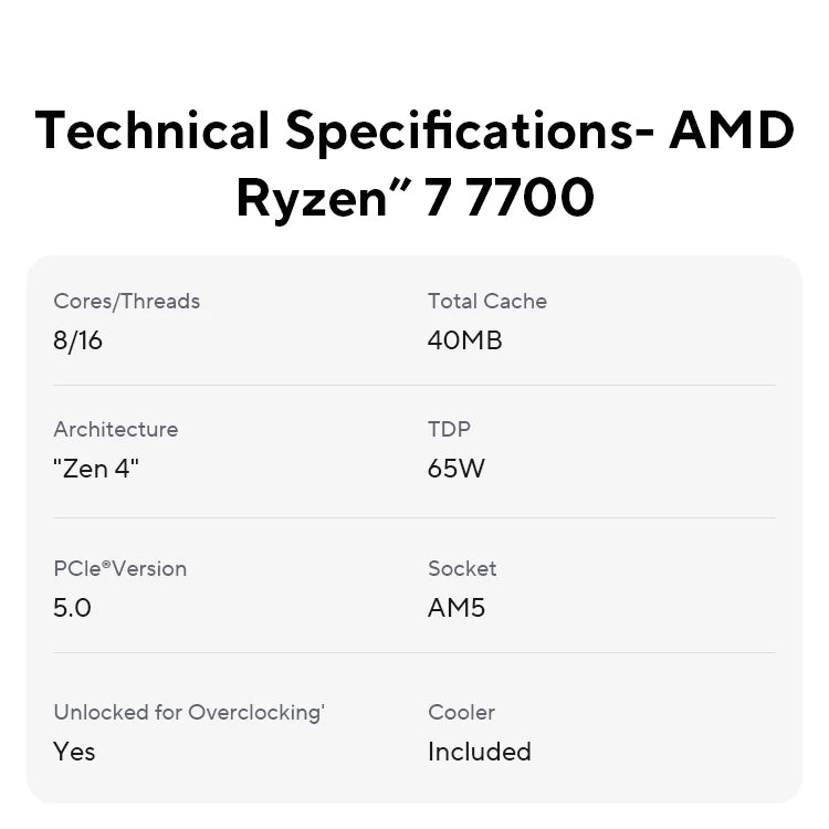 AMD Ryzen 7 7700 100% Brand New Game CPU Up to 5.3GHz 8-Core 16-Thread Socket AM5 Desktop Computer Processor for PC Gamer
