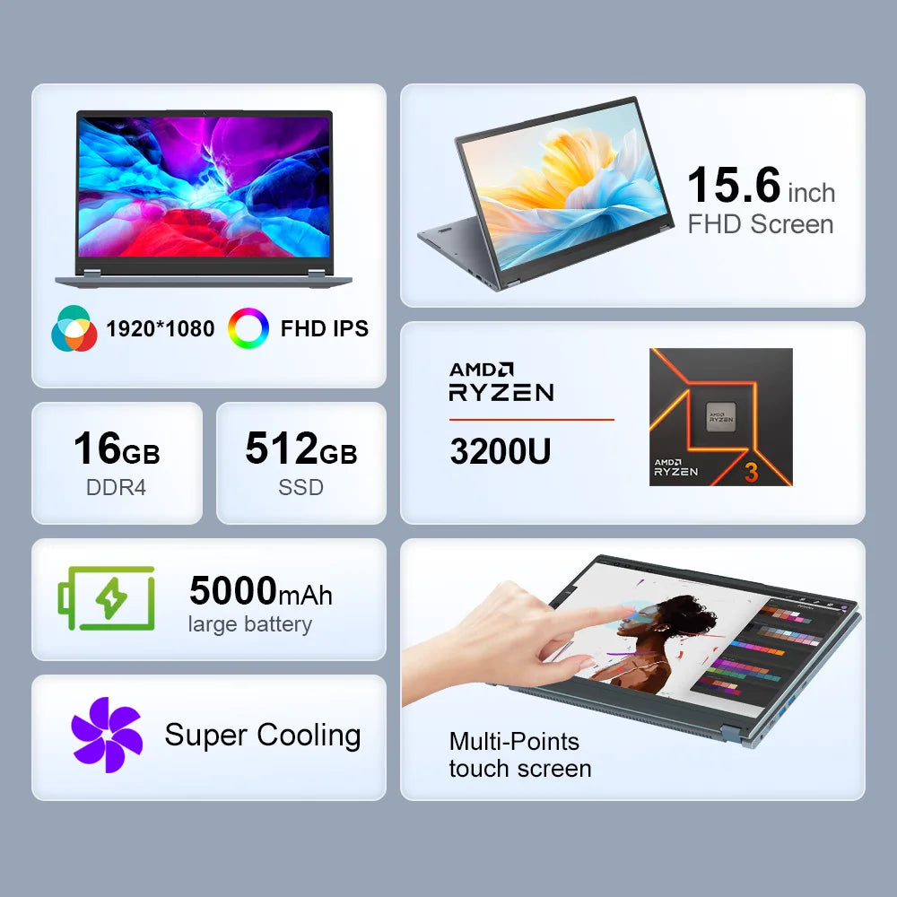 Ninkear YBOOK15 2 in 1 Laptop AMD Ryzen™ 3 3200U 15.6' 360° Flip FHD IPS Touchscreen 16G+512GB SSD  Backlit Keyboard Windows 11