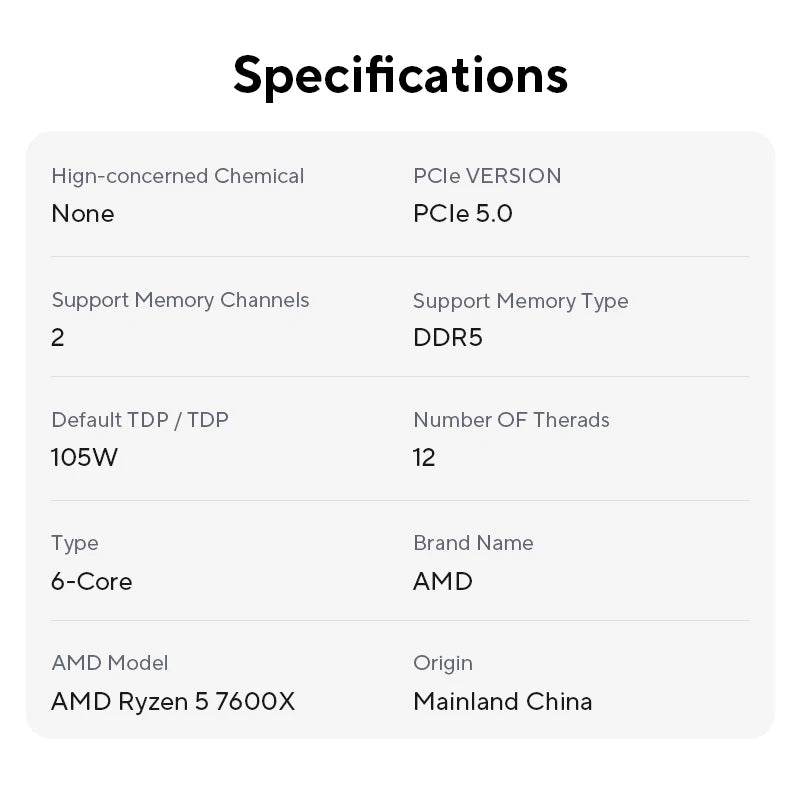 AMD RYZEN 5 7600X Brand New CPU Gaming Processor AMD R5 7600X 6-Core 12-Thread 5nm 38M Socket AM5 Without Fan PC Gamer Cache