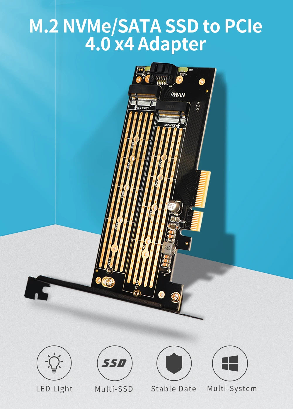 JEYI Dual M.2 PCIE 4.0 Adapter for NVMe / NGFF SSD, NVME (M Key) and SATA (B Key) SSD to PCIe X4 X8 X16 Slot for Desktop PC SK6