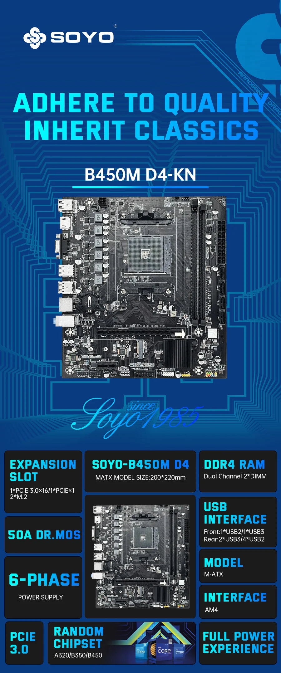 SOYO Motherboard Classic AMD B450M Dual-channel DDR4 Memory AM4 Mainboard M.2 NVME (Supports Ryzen 5500 5600 5600G CPU) Full New
