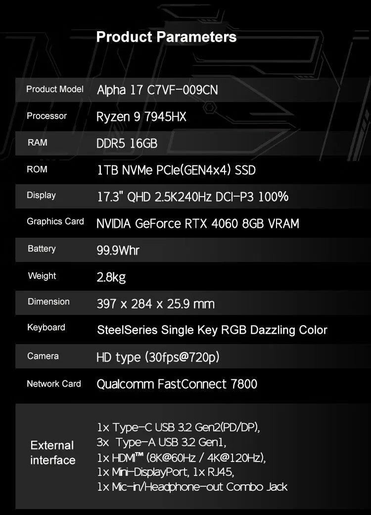 MSI Alpha 17 Gaming Laptop 17.3 Inch QHD 2.5K 240Hz IPS Screen Notebook AMD Ryzen R9-7940HX 32GB 2TB RTX4060 Gaming Computer PC