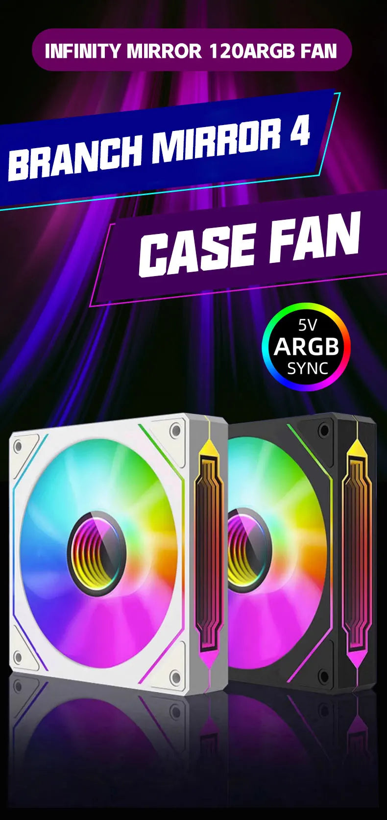 Computer Case Fan PRISM 4 PRO Mirror Cycle ARGB 120mm 4Pin PWM PC Quiet Cooling Fan Low Noise Chassis Fan