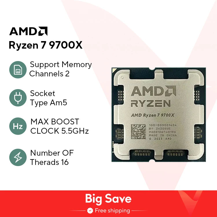 New AMD Ryzen 7 9700X Processor R7 9700X 5.5GHz 8-Core 16-Thread 40MB Game Cache 4NM TDP 65W Socket AM5 Gaming CPU Zen 5 No Fan