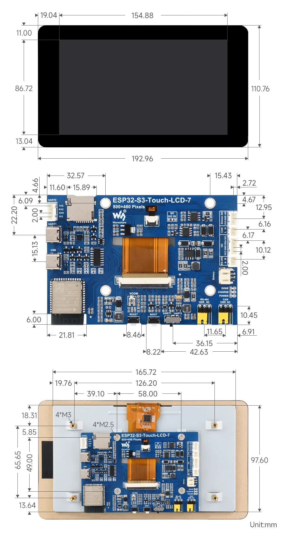 ESP32-S3 7 inch LCD 800×480 ESP32-S3-Touch-LCD-7 inch Capacitive Touch Display Development Board Supports WiFi & Bluetooth