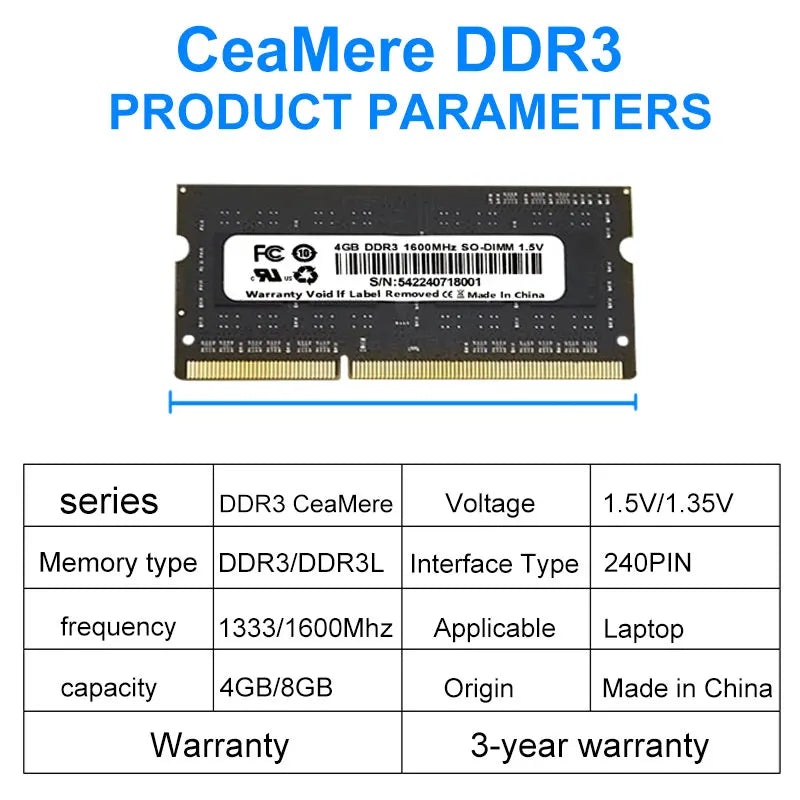 CeaMere DDR3 1-50 PCS Laptop computer memory, 4G, 8G,1333Mhz, 1600Mhz, 240-pin ram memoriam pc memory card RAM wholesale