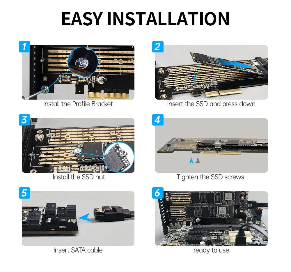 JEYI Dual M.2 PCIE 4.0 Adapter for NVMe / NGFF SSD, NVME (M Key) and SATA (B Key) SSD to PCIe X4 X8 X16 Slot for Desktop PC SK6