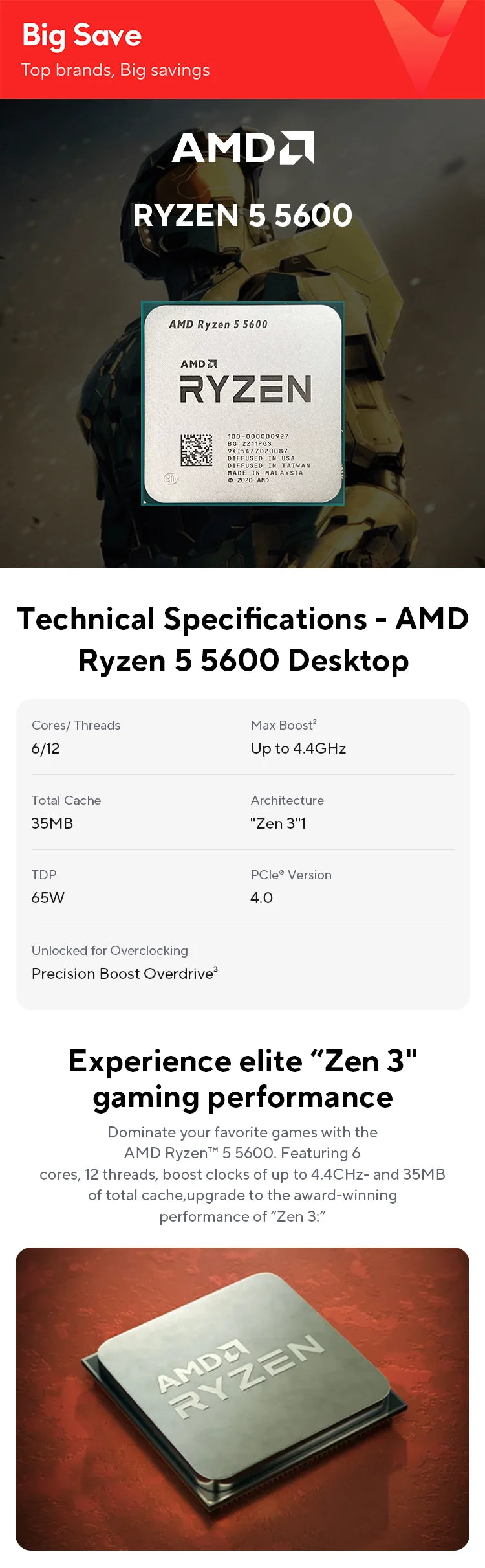 NEW AMD Ryzen 5 5600 R5 5600 3.5 GHz 6-Core 12-Thread CPU Processor 7NM L3=32M 100-000000927 Socket AM4 No Fan