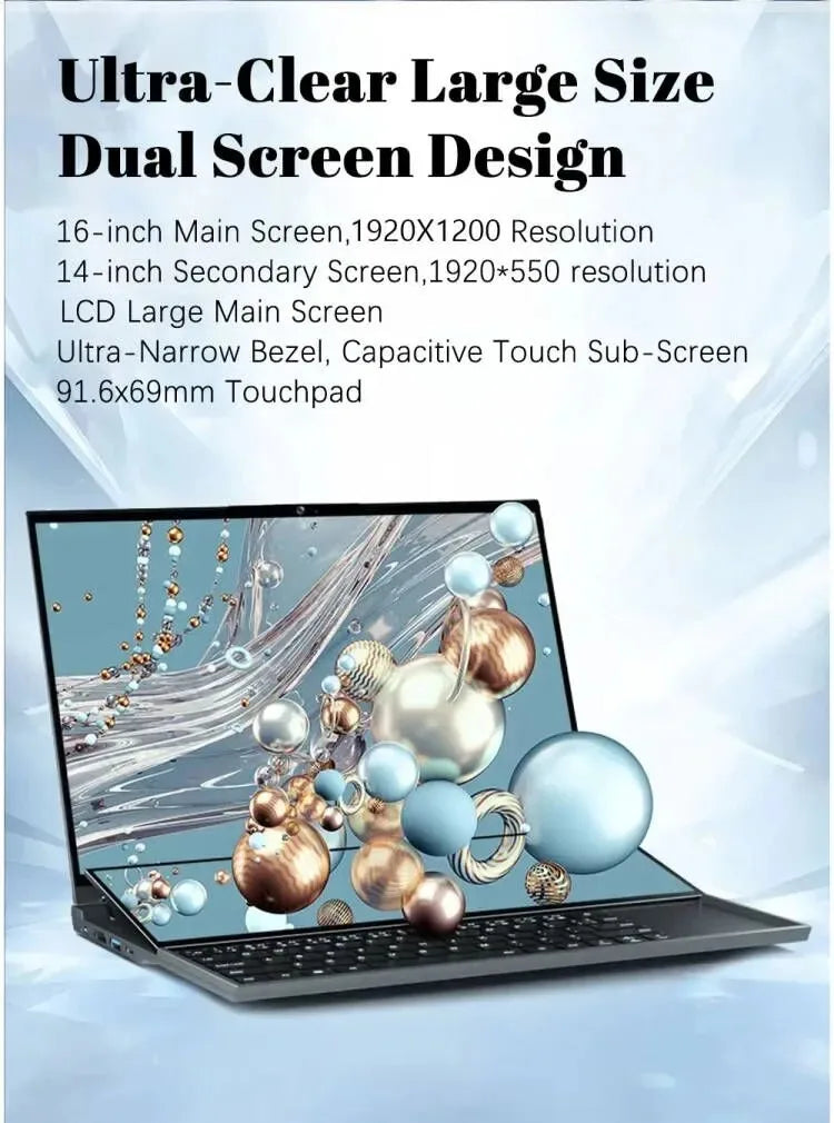 CRELANDER Dual Screen Laptop 16 Inch 2K + 14 Inch Touch Screen intel core  i7-9750 64GB RAM Zenbook Duo Laptop Gaming Notebook