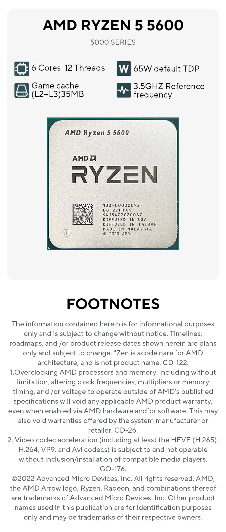 NEW AMD Ryzen 5 5600 R5 5600 3.5 GHz 6-Core 12-Thread CPU Processor 7NM L3=32M 100-000000927 Socket AM4 No Fan