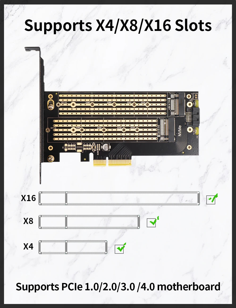 JEYI Dual M.2 PCIE 4.0 Adapter for NVMe / NGFF SSD, NVME (M Key) and SATA (B Key) SSD to PCIe X4 X8 X16 Slot for Desktop PC SK6