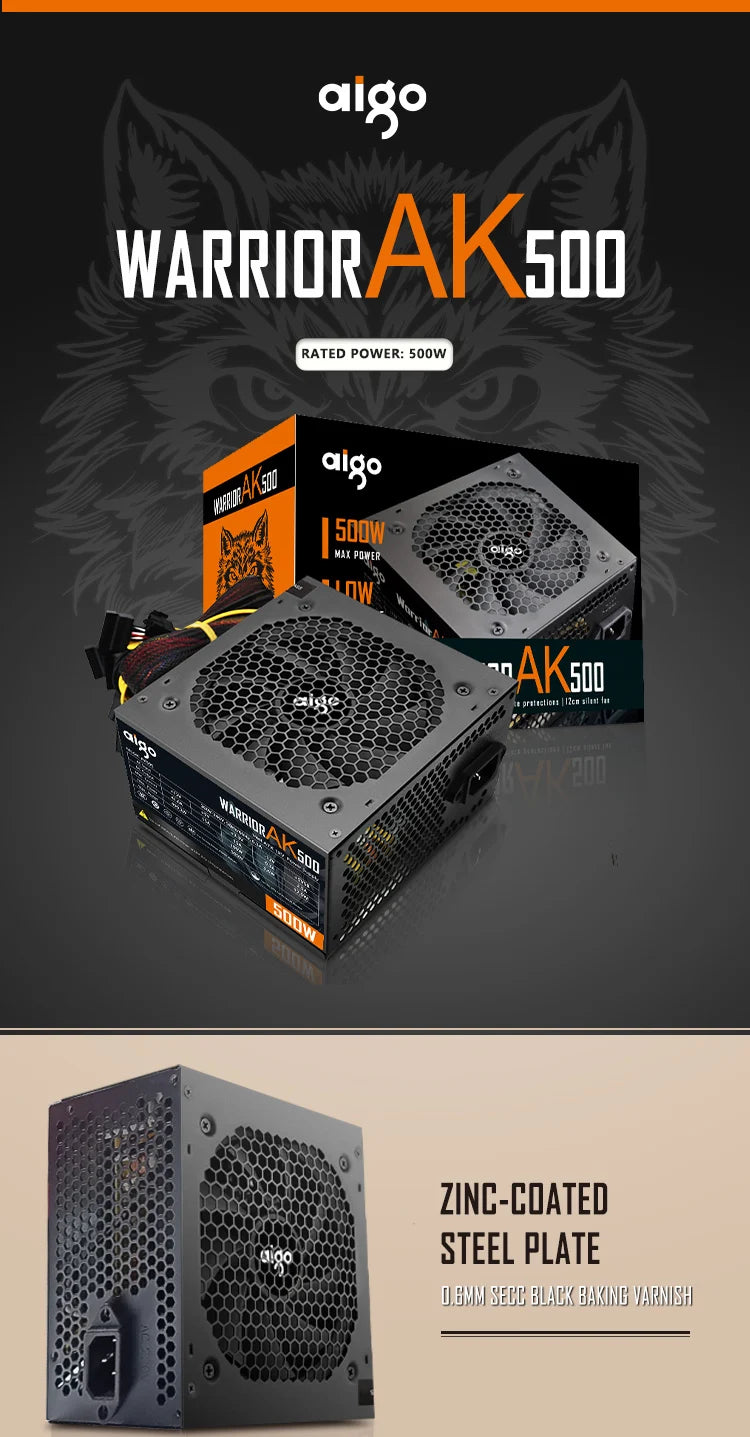 Aigo AK 500W PC PSU Power Supply Unit Black Gaming Quiet 120mm RGB Fan 24pin 12V ATX Desktop Computer Power Supply for BTC