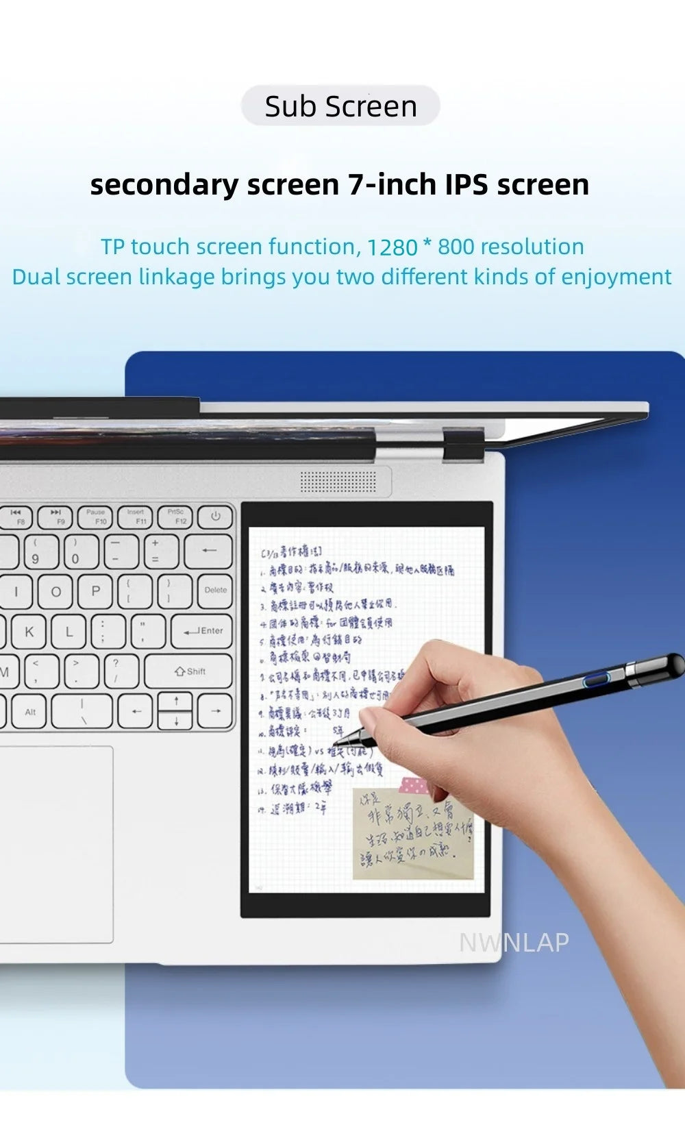 New Arrivals 12th Generation Intel N100 Dual Screen Laptop Gaming Laptop 15.6inch 2K LCD+7inch IPS Touch Screen PC Portable