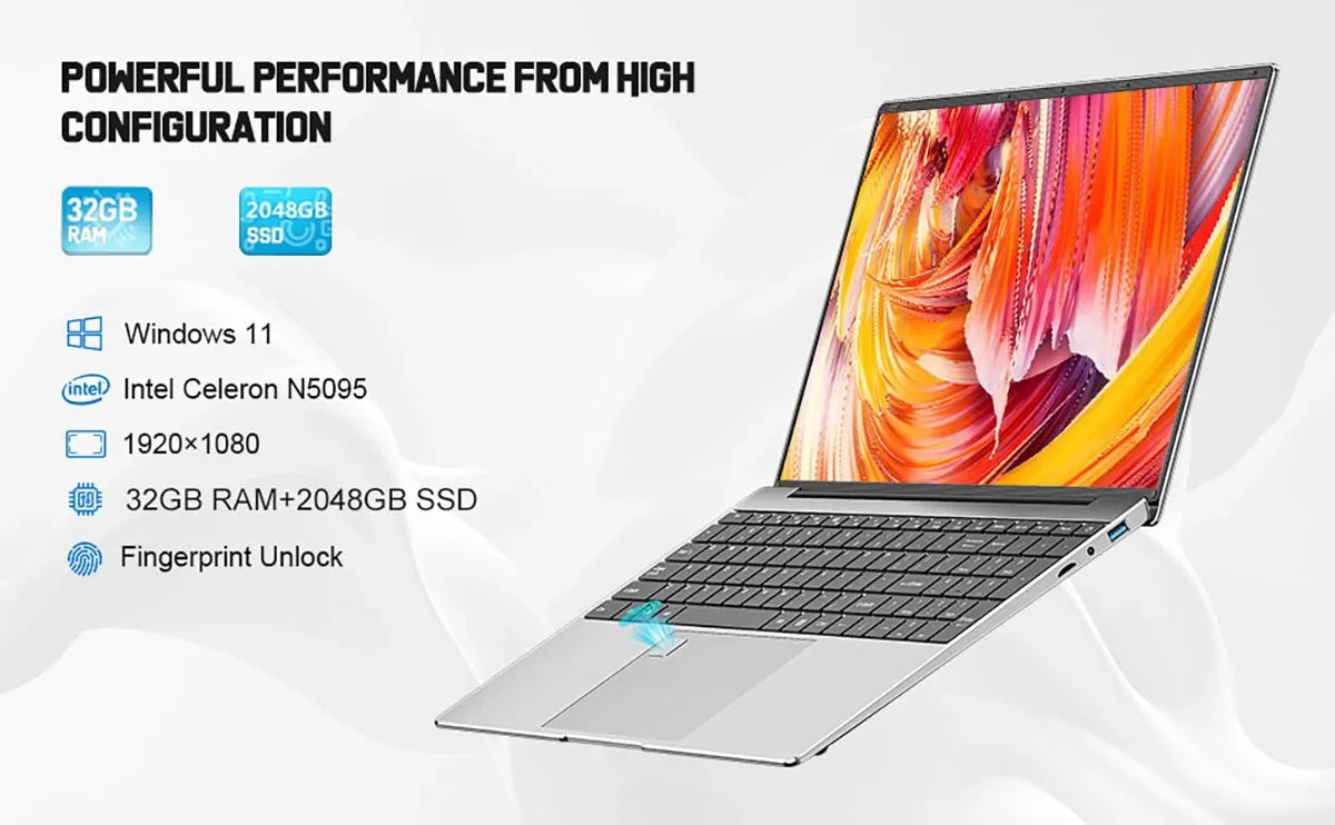 2025 Laptop 15.6 Inch 32GB Ram DDR4 2TB SSD Windows 11/10 Notebook Pc Gamer Intel N5095 Office Computer WIFI Backlit Fingerprint