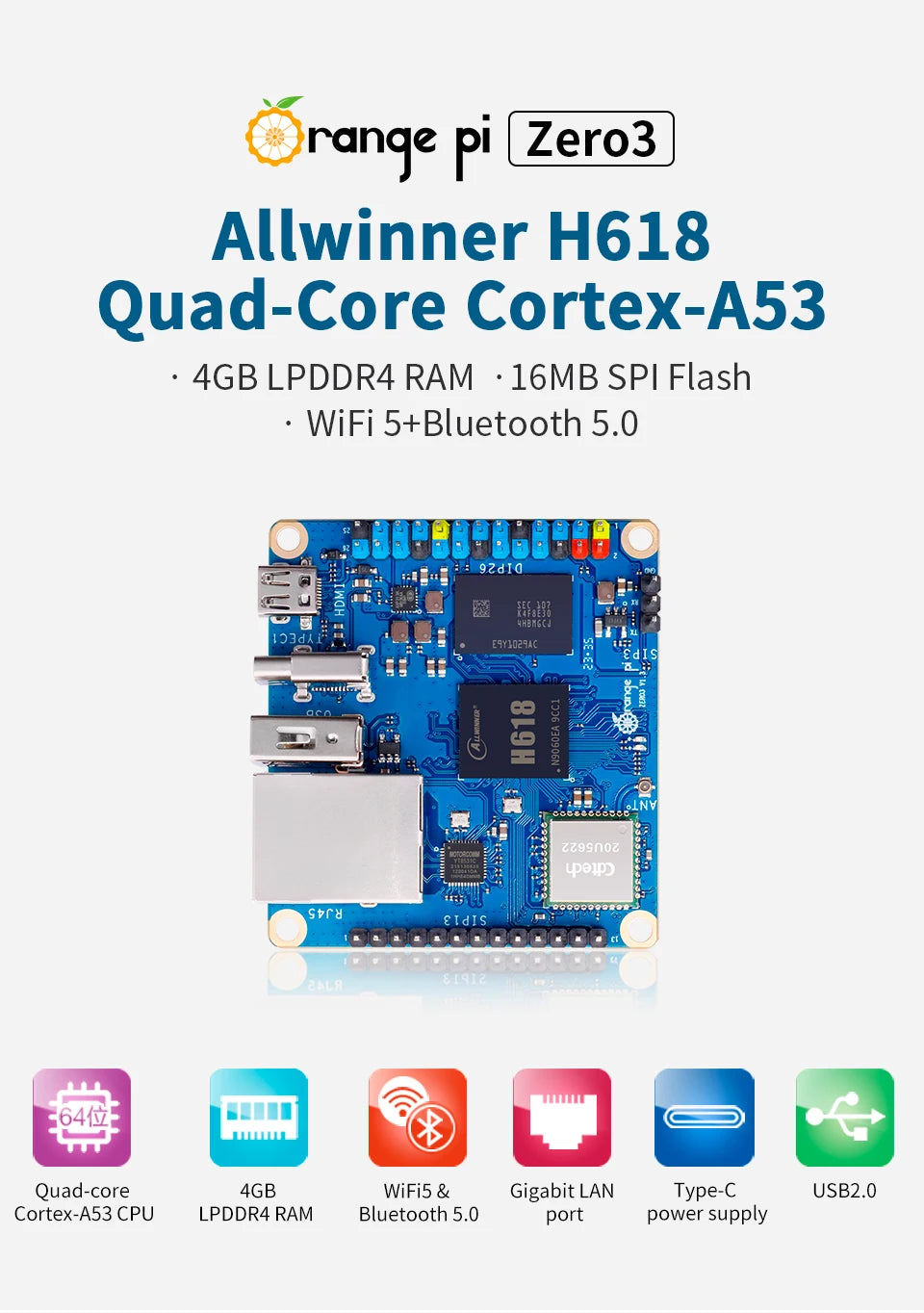 Orange Pi Zero 3 4G+Extension Board+5V3A Type-C Power Supply Mini PC DDR4 H618 WiFi5+BT5.0 Orange Pi Zero3 Single Board Computer