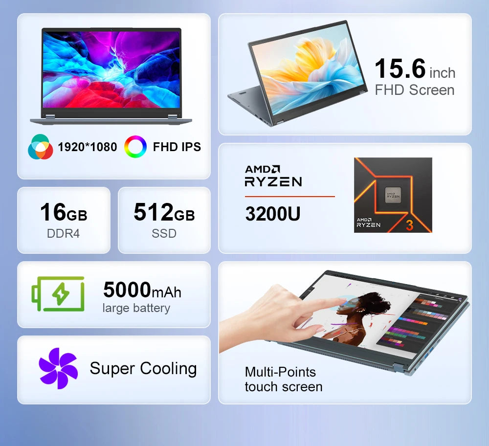 Ninkear YBOOK15 2 in 1 Laptop AMD Ryzen™ 3 3200U 15.6' 360° Flip FHD IPS Touchscreen 16G+512GB SSD  Backlit Keyboard Windows 11
