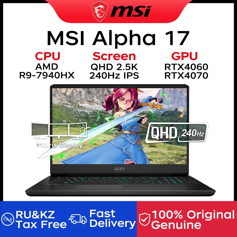 MSI Alpha 17 Gaming Laptop 17.3 Inch QHD 2.5K 240Hz IPS Screen Notebook AMD Ryzen R9-7940HX 32GB 2TB RTX4060 Gaming Computer PC
