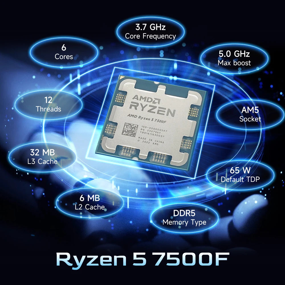 AMD Ryzen 5 7500F 6-Core 12-Thread 3.7GHz DDR5 B650 Processor L3=32M Socket AM5 5NM 65W R5 7500F New but without cooler