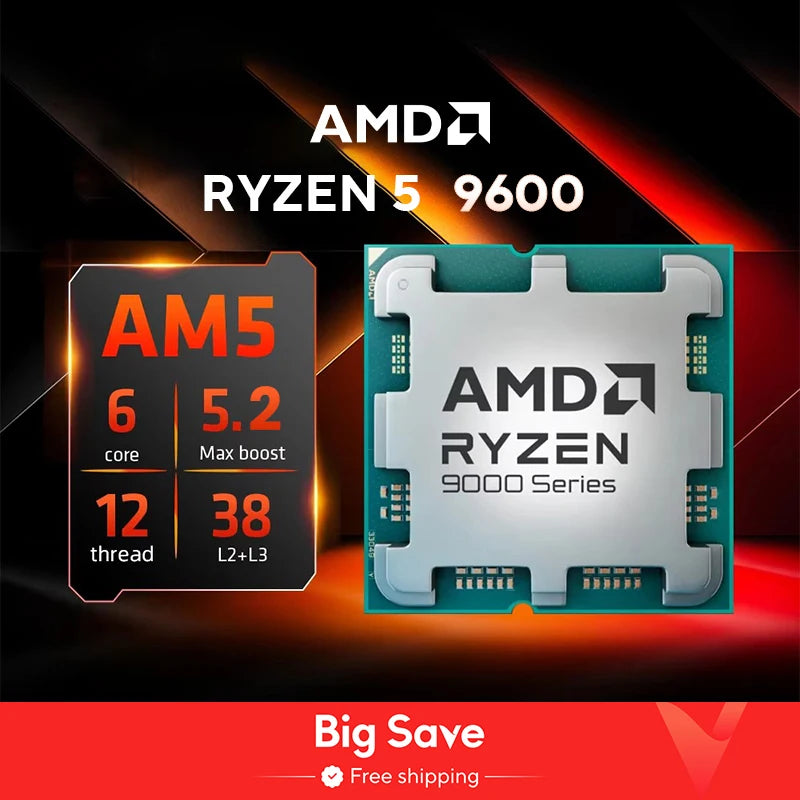 AMD Ryzen 5 9600 Brand New CPU 5.2GHz 6-Core 12-Thread 38MB Cache 4NM TDP 65W Socket AM5 Gameing Processor Without Package