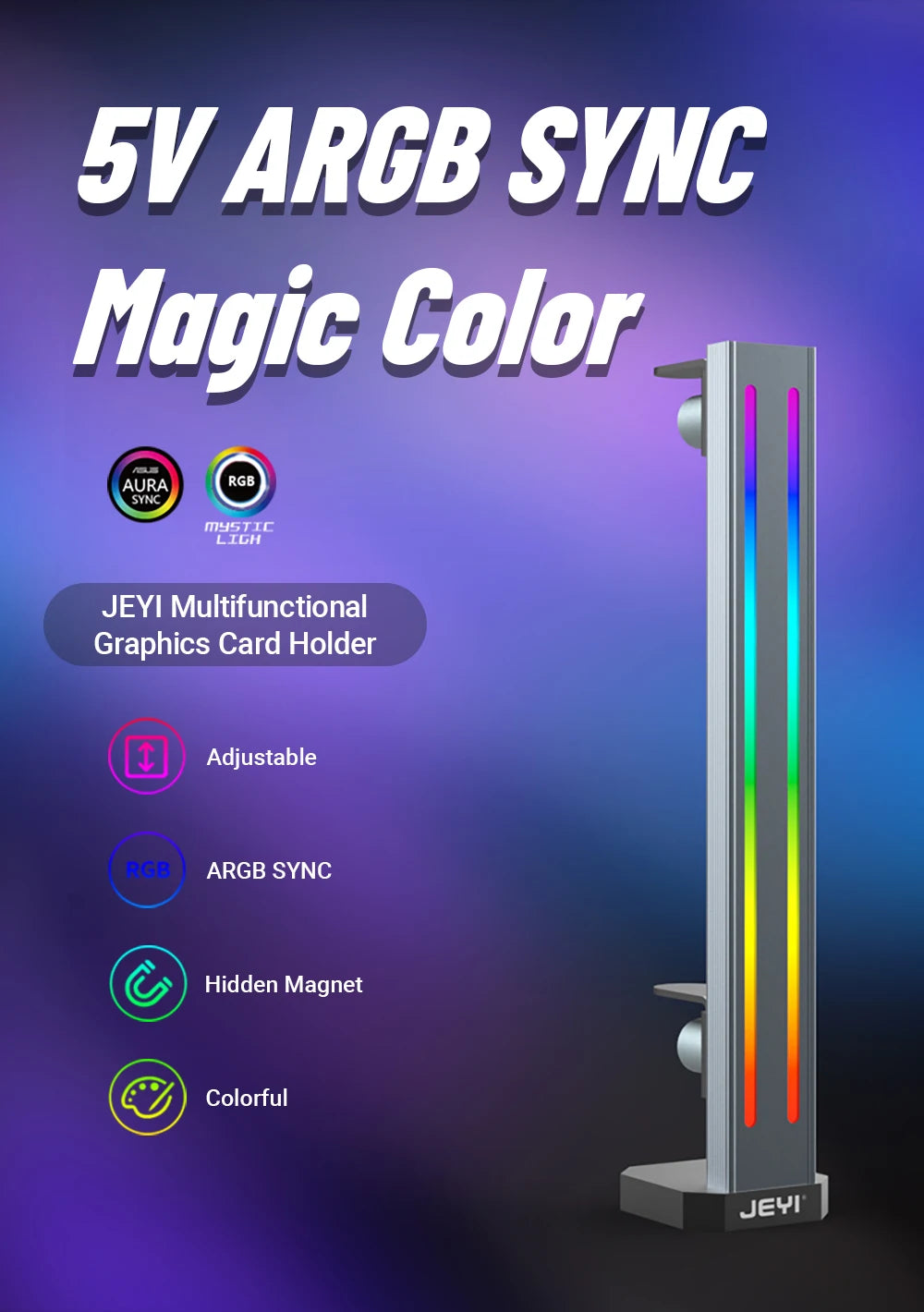 JEYI RGB GPU Graphics Card Support Bracket Aluminum Alloy Video Card Holder,  Built-in 5V ARGB SYNC Lamp, Adjustable Height