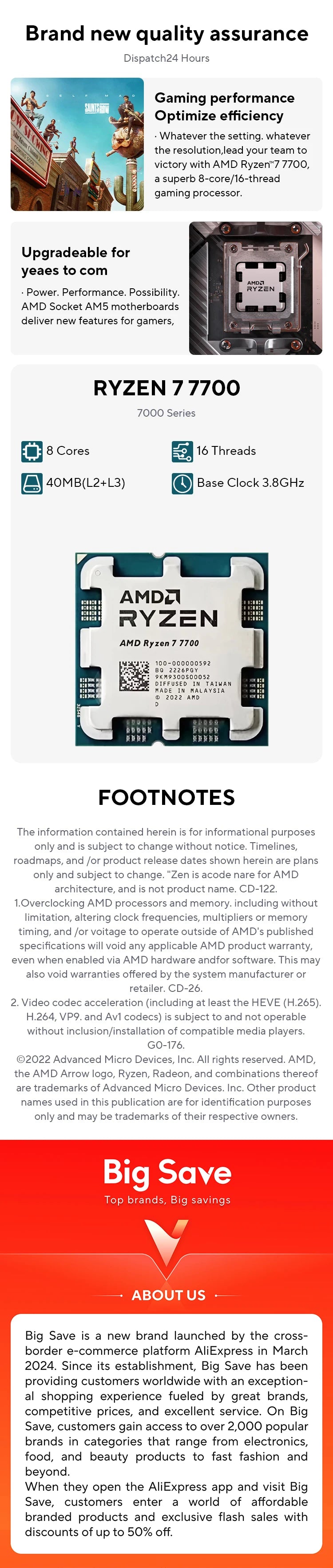 AMD Ryzen 7 7700 100% Brand New Game CPU Up to 5.3GHz 8-Core 16-Thread Socket AM5 Desktop Computer Processor for PC Gamer