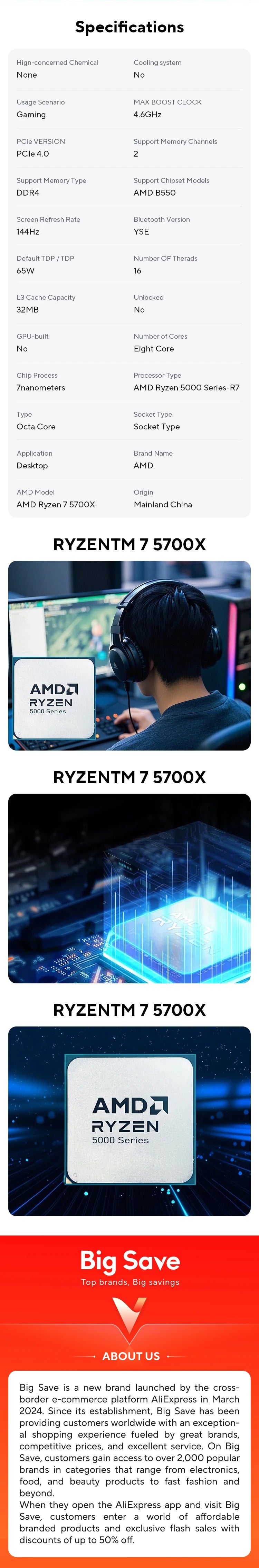 AMD Ryzen 7 5700X R7 5700X 3.4GHz 8-Core 16-Thread PCIE4.0 65W CPU Processor 7NM L3=32M 100-000000926 LGA AM4 No Fan