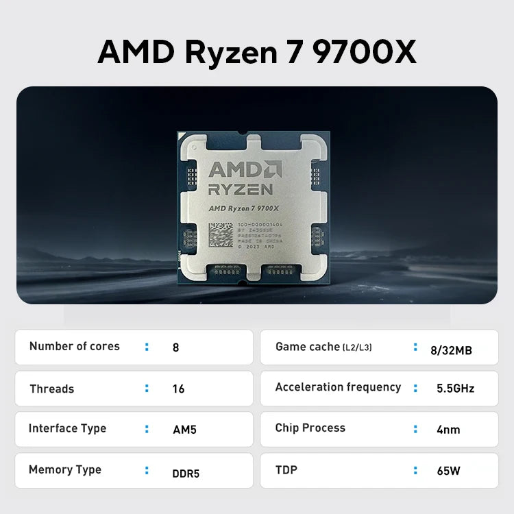 New AMD Ryzen 7 9700X Processor R7 9700X 5.5GHz 8-Core 16-Thread 40MB Game Cache 4NM TDP 65W Socket AM5 Gaming CPU Zen 5 No Fan
