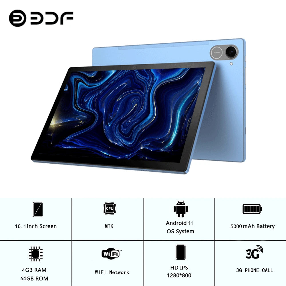 BDF 10.1 Inch LCD Tablet Android 11,8GB(4+4Expand)RAM 64ROM,1280*800 IPS Screen 5000mAh Battery Dual Camera，WiFi+3G(GSM)