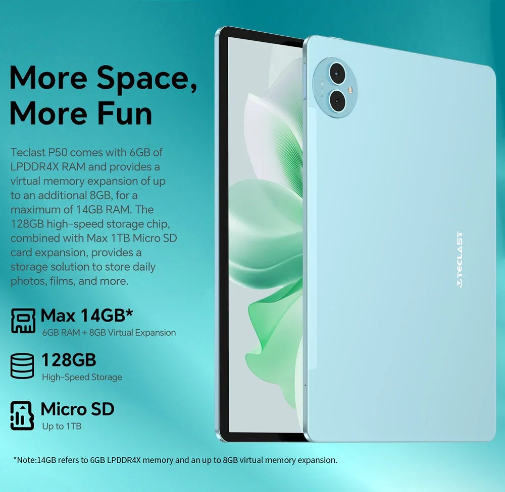 Teclast Android 14 P50 Tablet 11" 90Hz Screen 1280×800ISP T606 6GB LPDDR4 128GB ROM WIFI Bluetooth 5.0 Type-C 8000mAh Battery