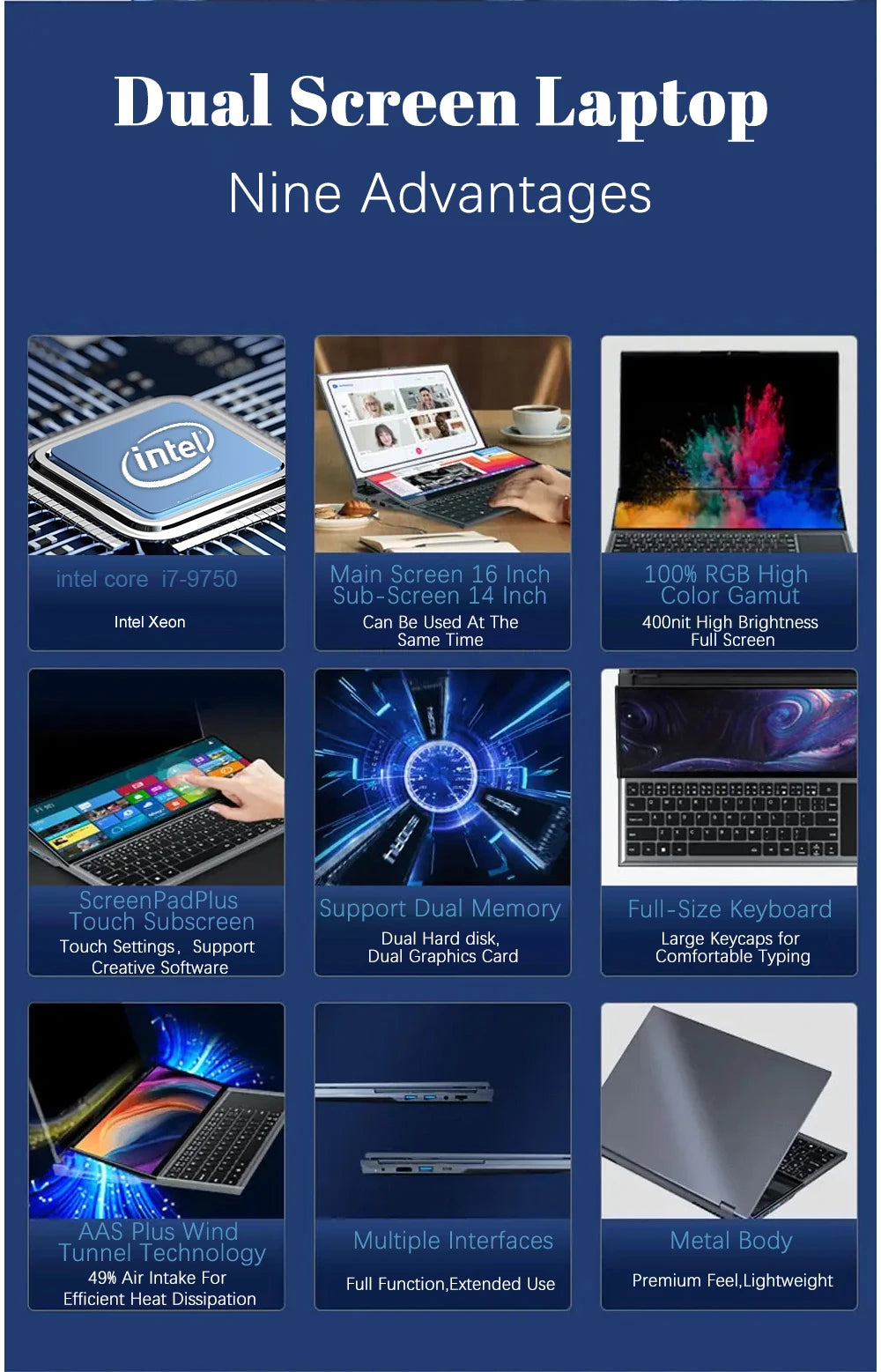 CRELANDER Dual Screen Laptop 16 Inch 2K + 14 Inch Touch Screen intel core  i7-9750 64GB RAM Zenbook Duo Laptop Gaming Notebook