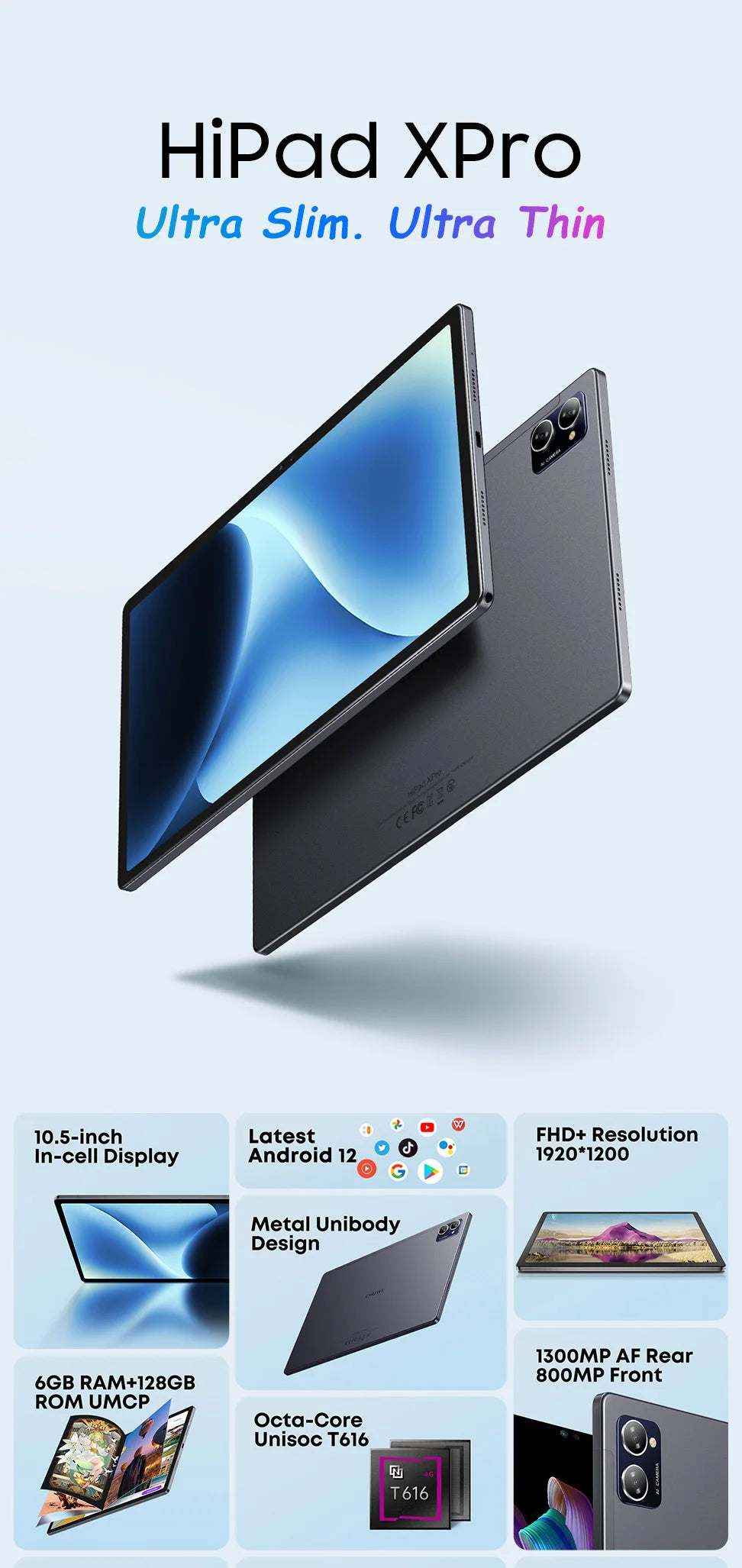 CHUWI HiPad XPro Tablet Android 12 Tablets  6GB 128GB 10.5 Inch FHD IPS Screen Unisoc T616 Qcta Core Pad 4G Network Tablet PC