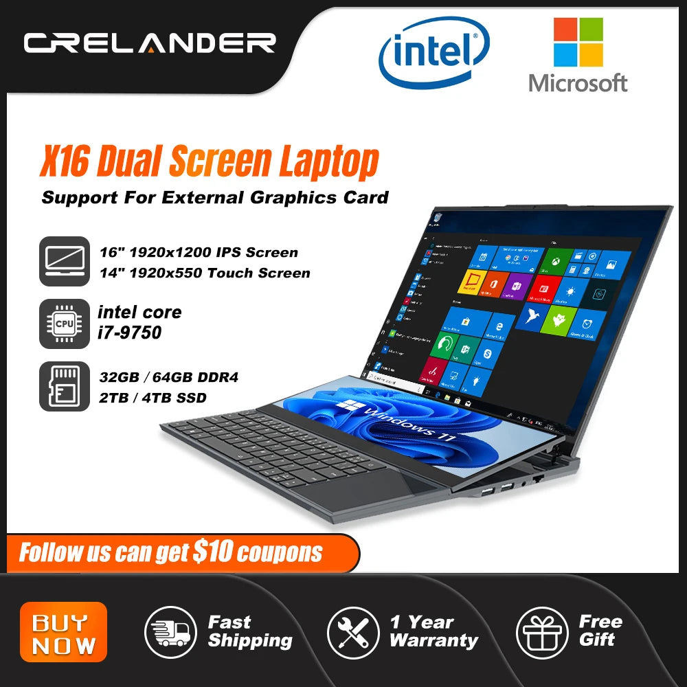 CRELANDER Dual Screen Laptop 16 Inch 2K + 14 Inch Touch Screen intel core  i7-9750 64GB RAM Zenbook Duo Laptop Gaming Notebook