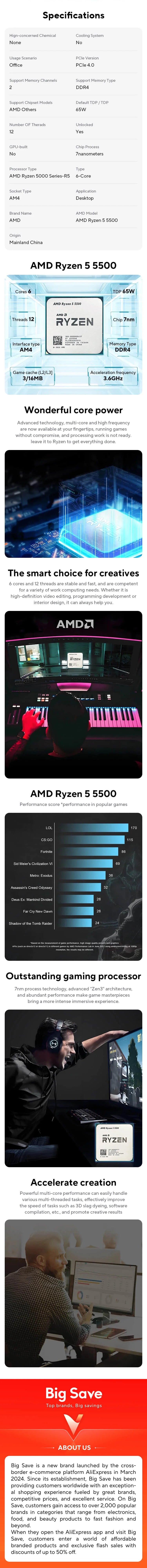 AMD Ryzen 5 5500 R5 5500 3.6 GHz 6-Core 12-Thread CPU Processor 7NM L3=16M 100-000000457 Socket AM4 No Fan