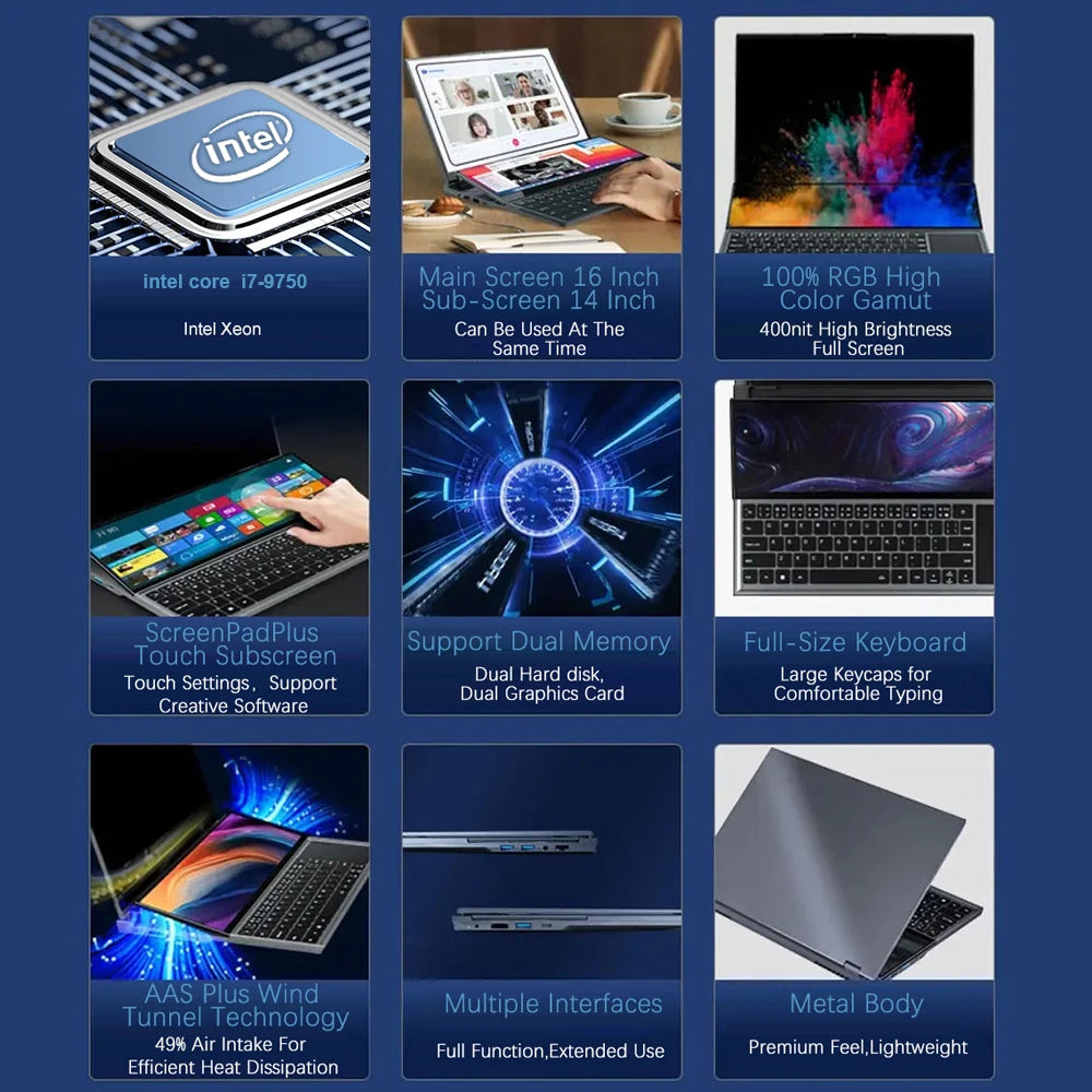 CRELANDER Dual Screen Laptop 16 Inch 2K + 14 Inch Touch Screen intel core  i7-9750 64GB RAM Zenbook Duo Laptop Gaming Notebook