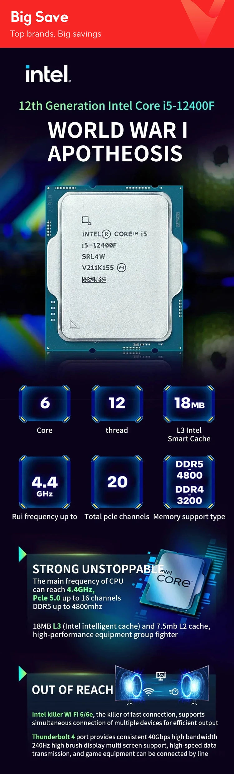 Intel Core i5-12400F i5 12400F 2.5 GHz 6-Core 12-Thread CPU  10NM L3=18M 65W LGA 1700 New but without cooler