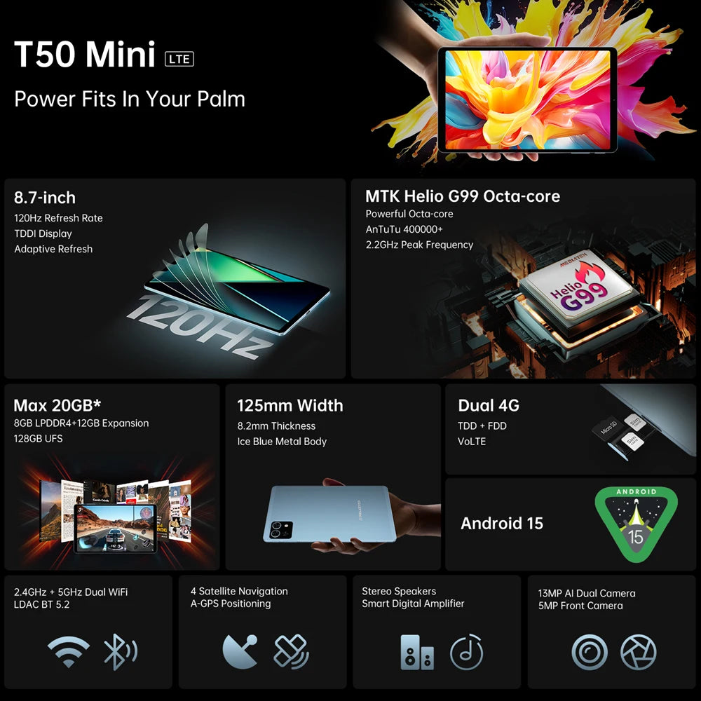 Teclast T50 Mini Tablet 8.7" 120Hz Display MTK Helio G99 20GB RAM (8+12 Virtual) 128GB ROM Android15 Tablets Support 4G Dual SIM