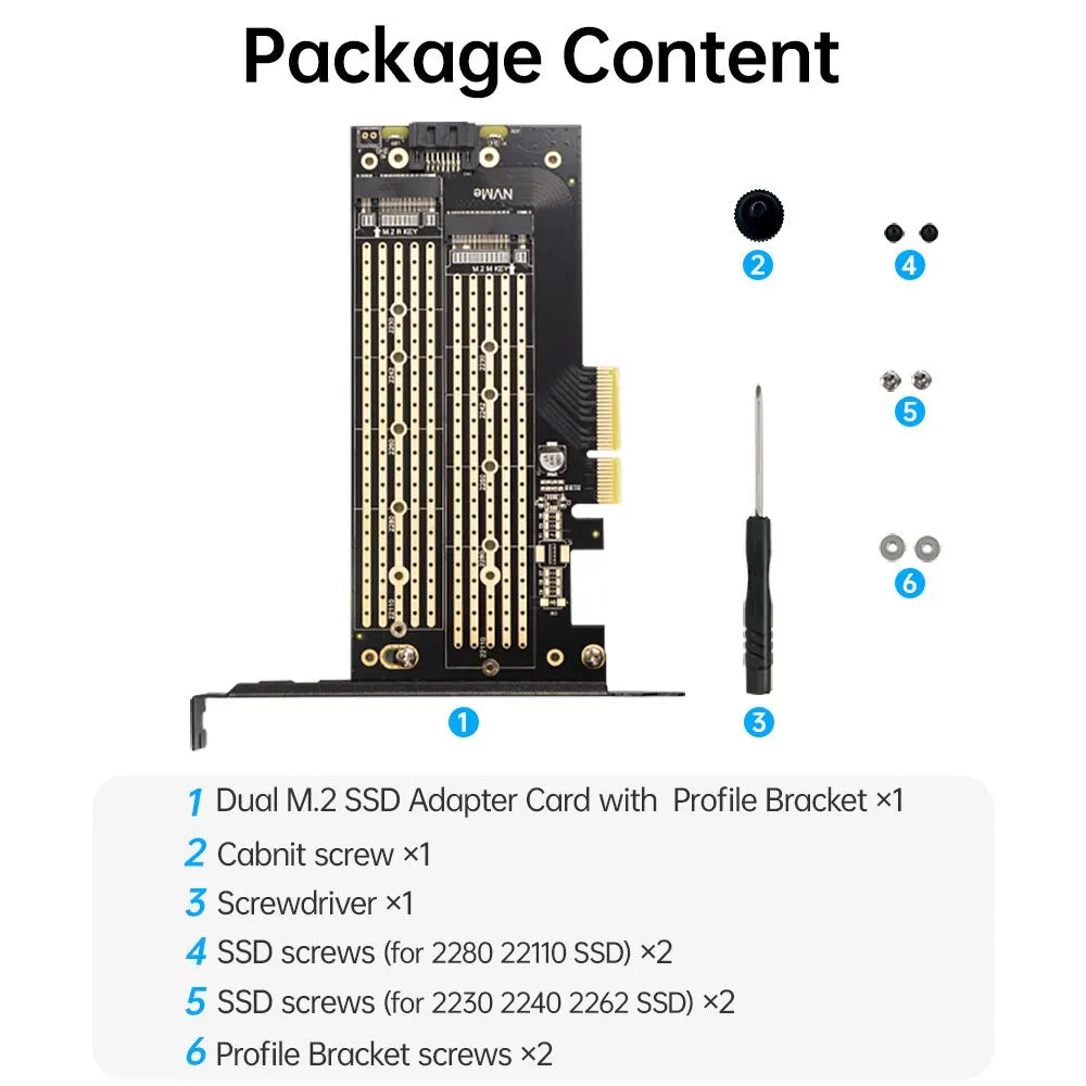 JEYI Dual M.2 PCIE 4.0 Adapter for NVMe / NGFF SSD, NVME (M Key) and SATA (B Key) SSD to PCIe X4 X8 X16 Slot for Desktop PC SK6