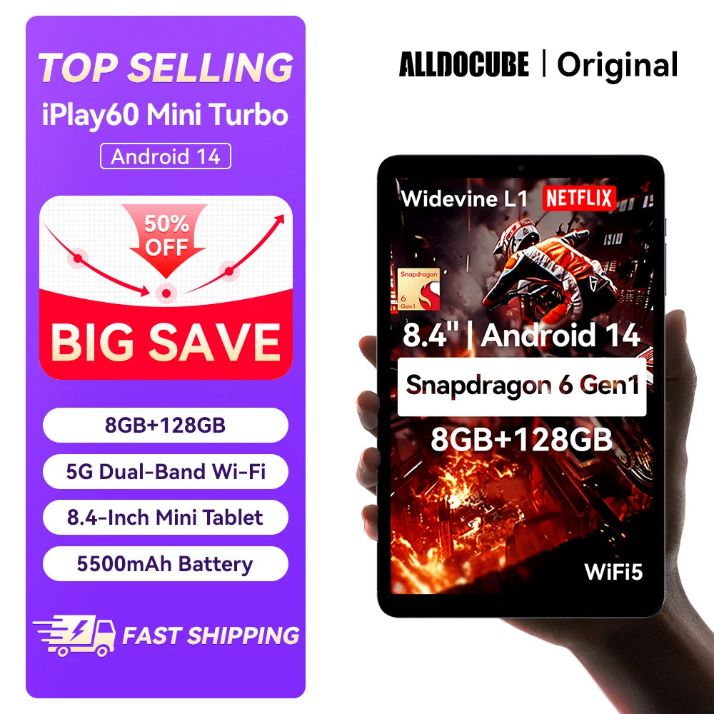 Alldocube iPlay60 Mini Turbo 8.4inch Tablet Android14 Snapdragon 6Gen1 8+8GB Virtual RAM+128GB ROM Widevine L1 4K Video Decoding